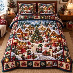 Gnome Village 3 Piece Quilted Bedding Set Gift For Holiday Decor Lovers