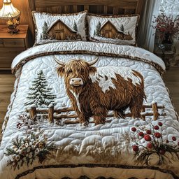 Highland Cow 3 Piece Quilted Bedding Set Gift For Cow Lovers