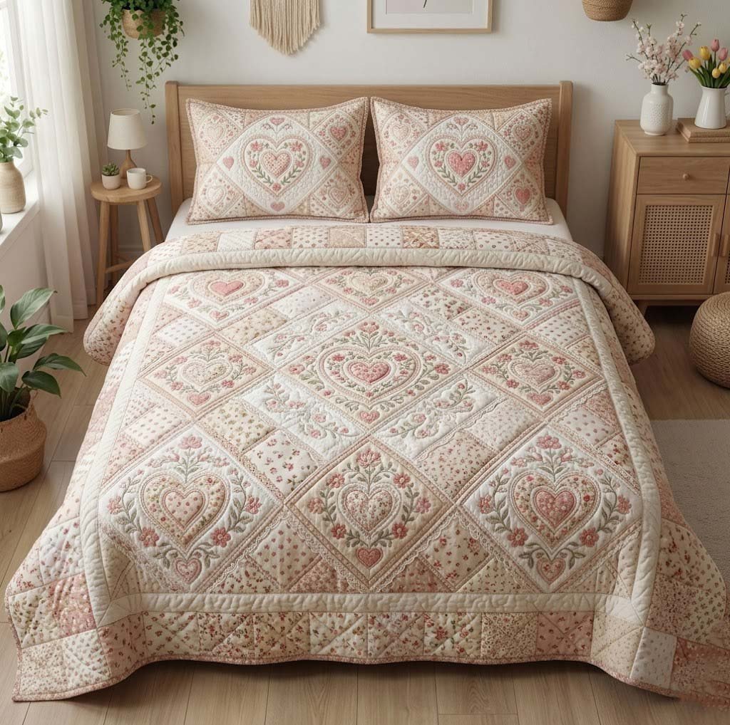 Flower Patchwork 3 Piece Quilted Bedding Set Gift For Flower Lovers