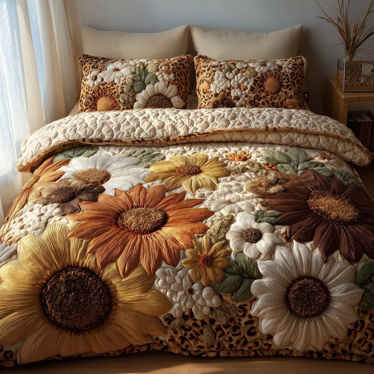 Safari Sunflower 3 Piece Quilted Bedding Set Gift For Flower Lovers