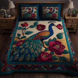 Elegant Peacock 3 Piece Quilted Bedding Set Gift For Bird Lovers