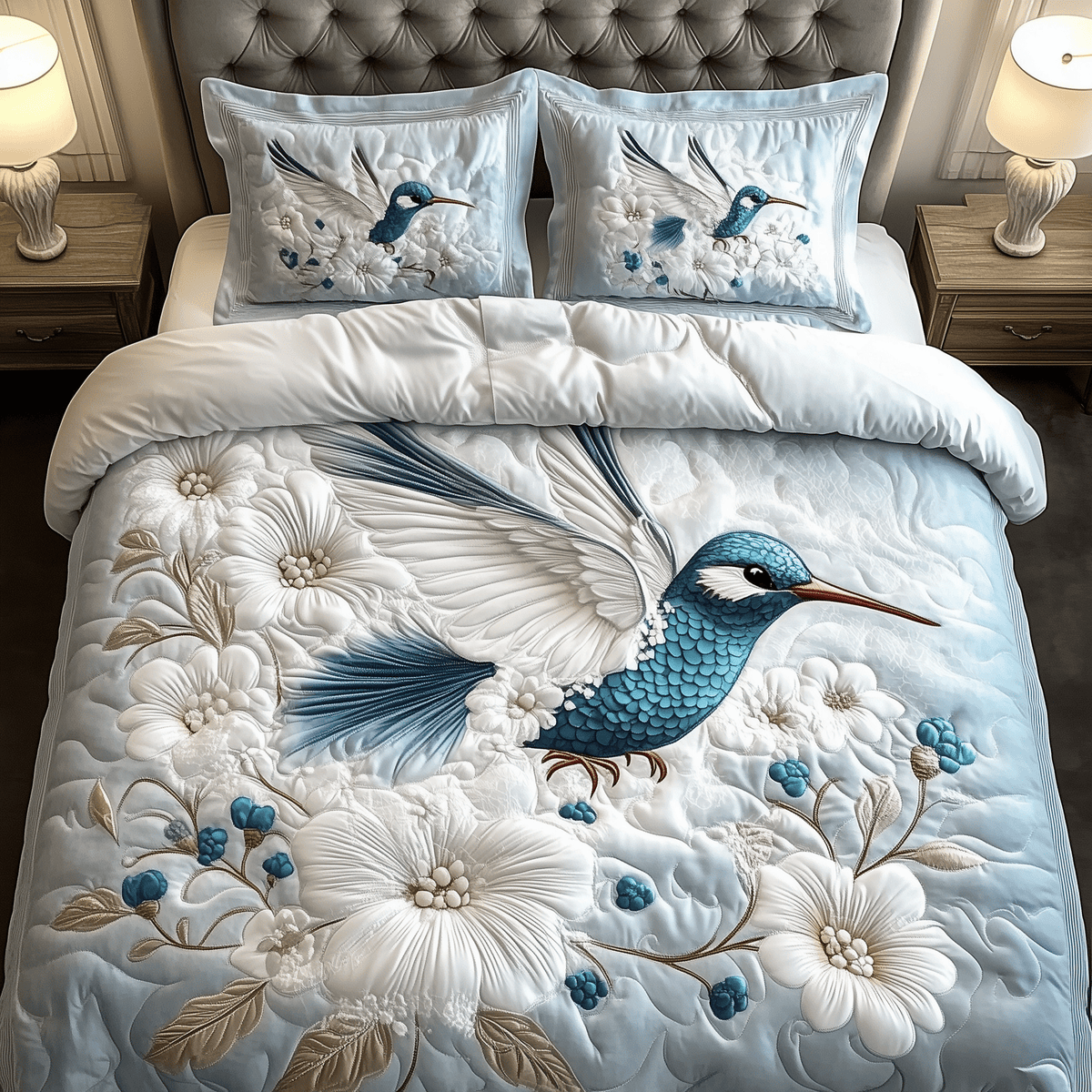 Winter Hummingbird 3 Piece Quilted Bedding Set Christmas Gift For Bird Lovers