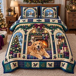 Winter Fireplace Golden Retriever 3 Piece Quilted Bedding Set Gift For Dog Lovers