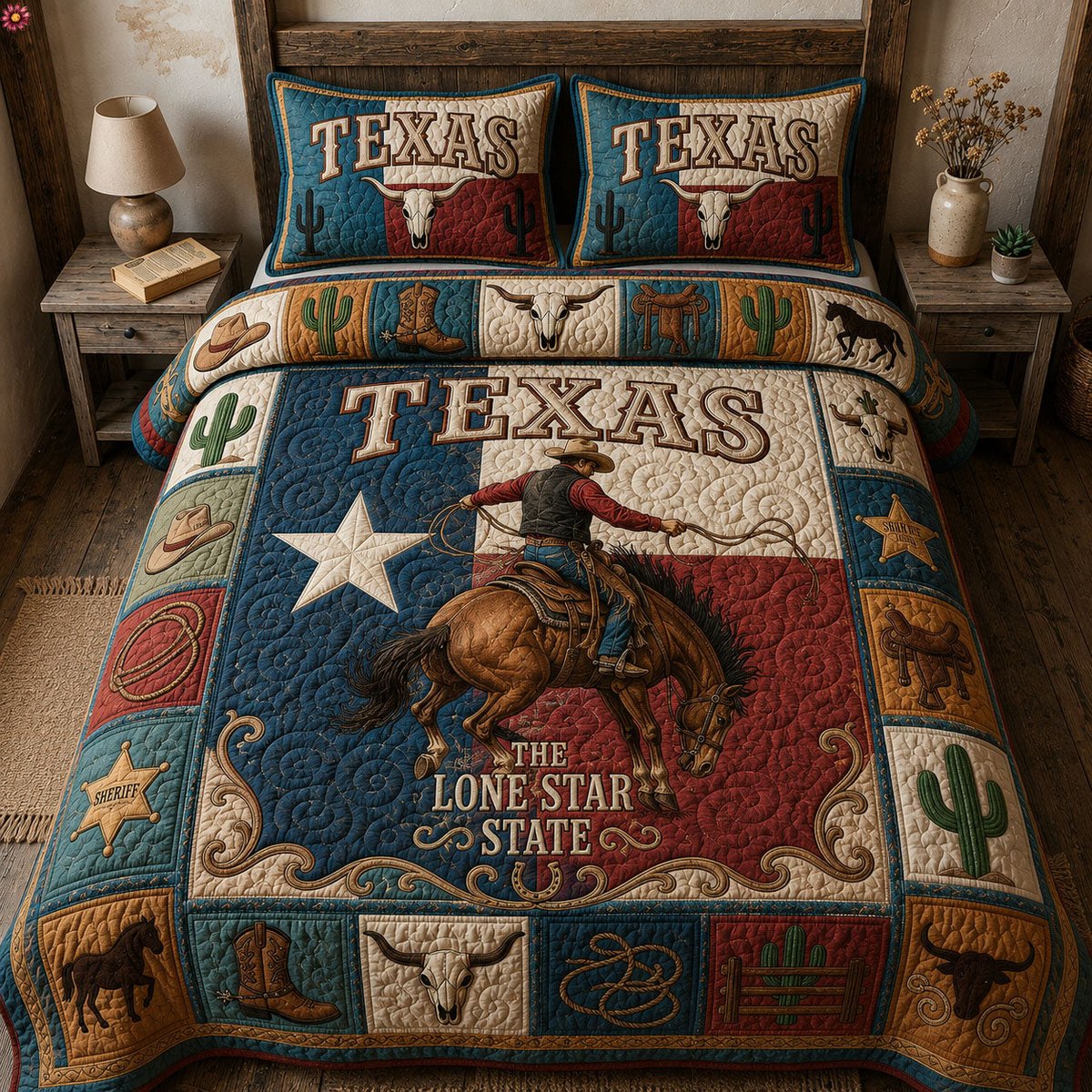 Texas Cowboy 3 Piece Quilted Bedding Set Gift For Western Lovers