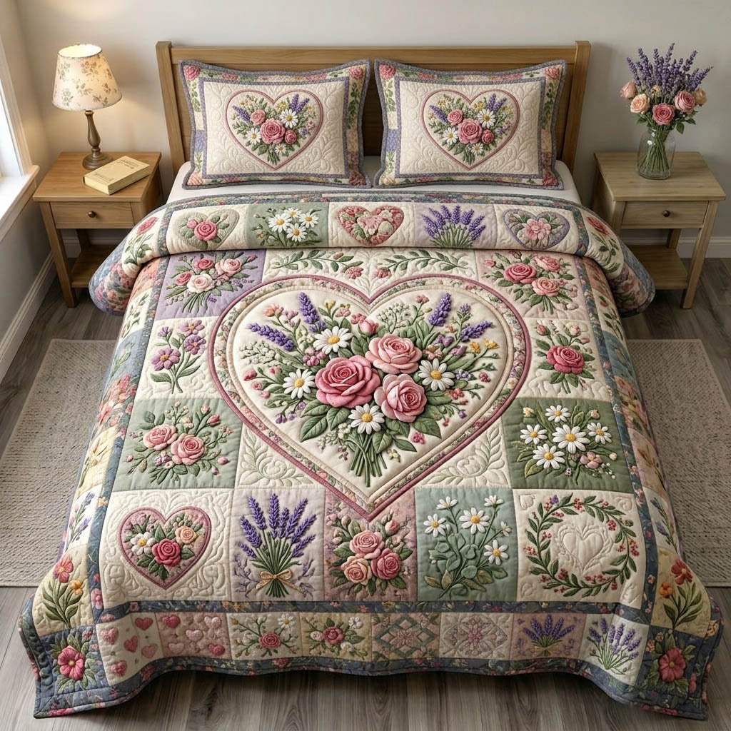 Floral Patchwork 3 Piece Quilted Bedding Set Gift For Flower Lovers
