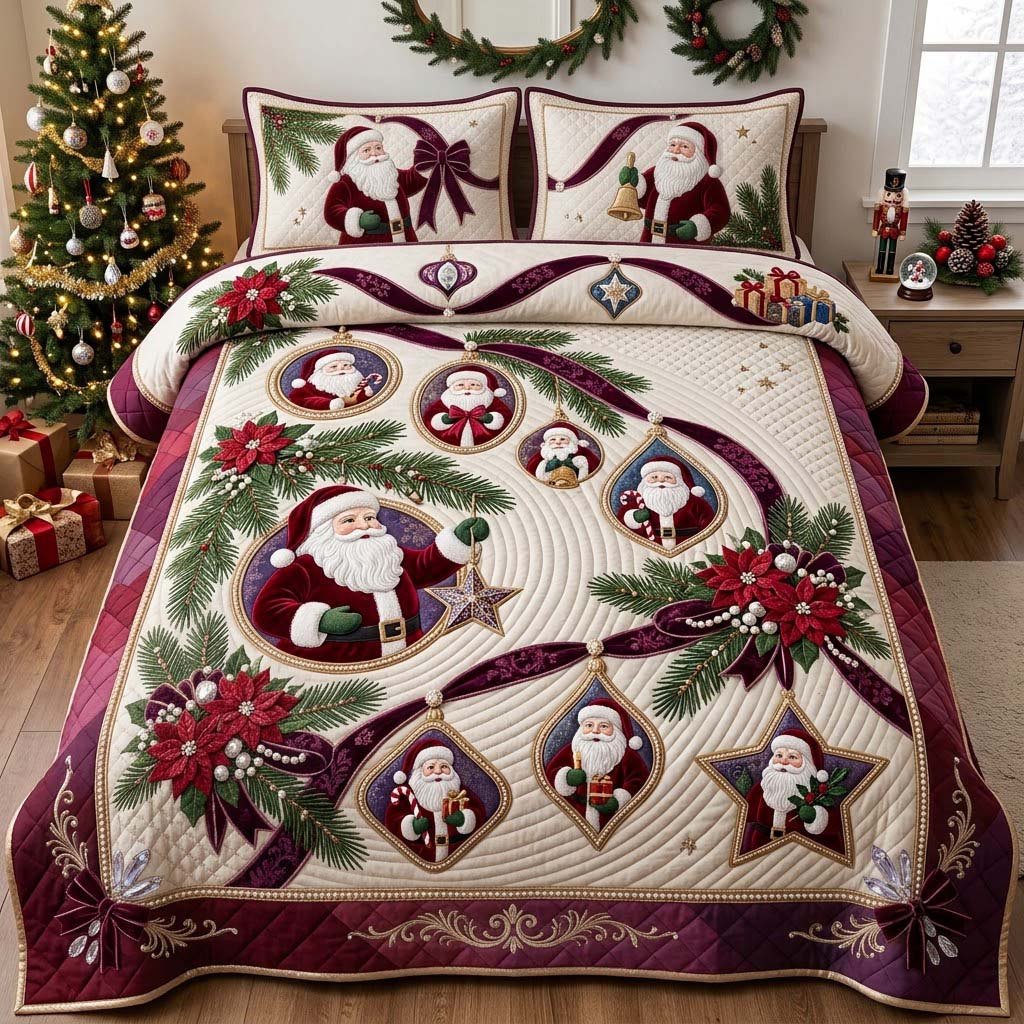 Cascading Santa Jewels 3 Piece Quilted Bedding Set Christmas Gift For Holiday Decor Lovers