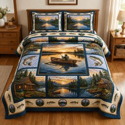 Lakeside Fishing Sunset 3 Piece Quilted Bedding Set Gift For Fishing Lovers