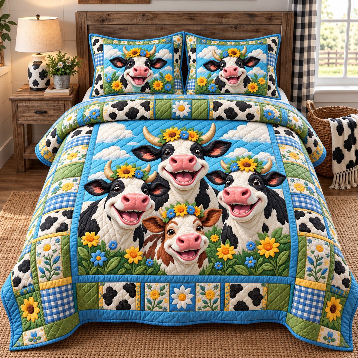 Happy Cow Family 3 Piece Quilted Bedding Set Gift For Cow Lovers