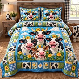 Happy Cow Family 3 Piece Quilted Bedding Set Gift For Cow Lovers