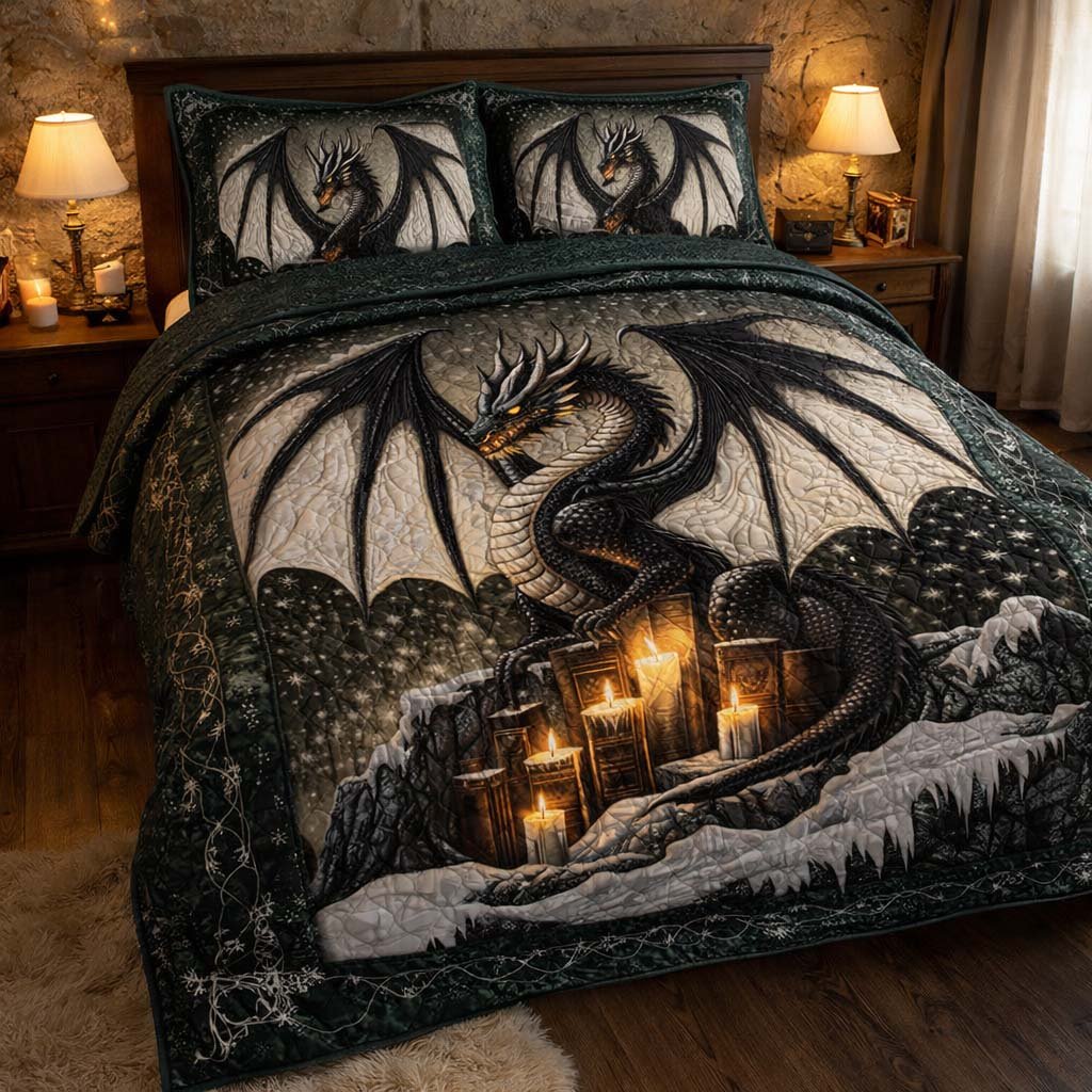 Shadow Candle Dragon 3 Piece Quilted Bedding Set Gift For Fantasy Lovers