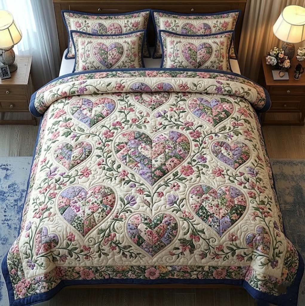Flower Patchwork 3 Piece Quilted Bedding Set Gift For Flower Lovers
