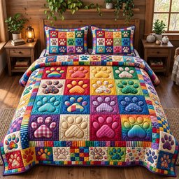 Paw Print Cat 3 Piece Quilted Bedding Set Gift For Dog Lovers