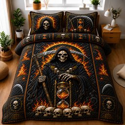 Grim Reaper Hourglass 3 Piece Quilted Bedding Set Gift For Cat Lovers