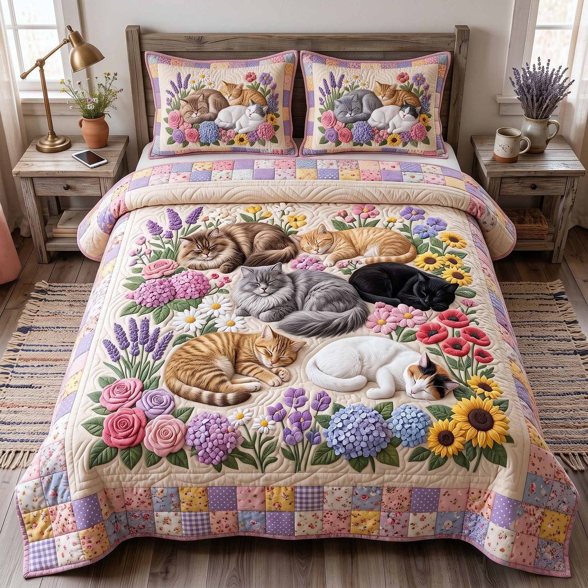 Whiskers Garden Cat 3 Piece Quilted Bedding Set Gift For Flower Lovers