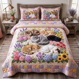 Whiskers Garden Cat 3 Piece Quilted Bedding Set Gift For Flower Lovers
