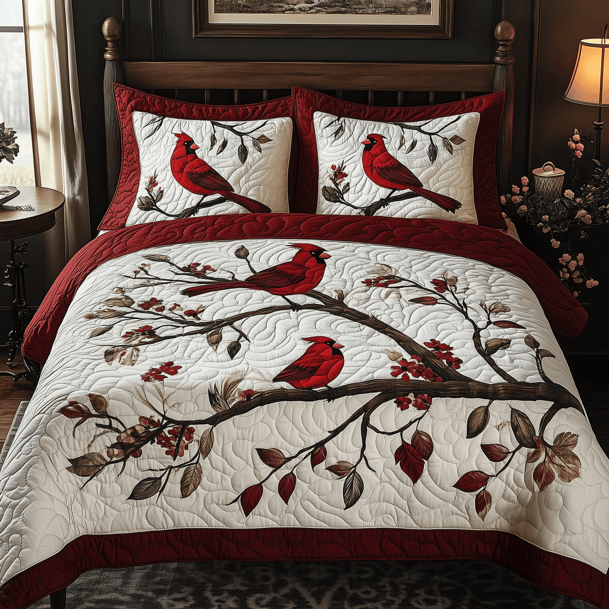 Cardinal 3 Piece Quilted Bedding Set Christmas Gift For Bird Lovers