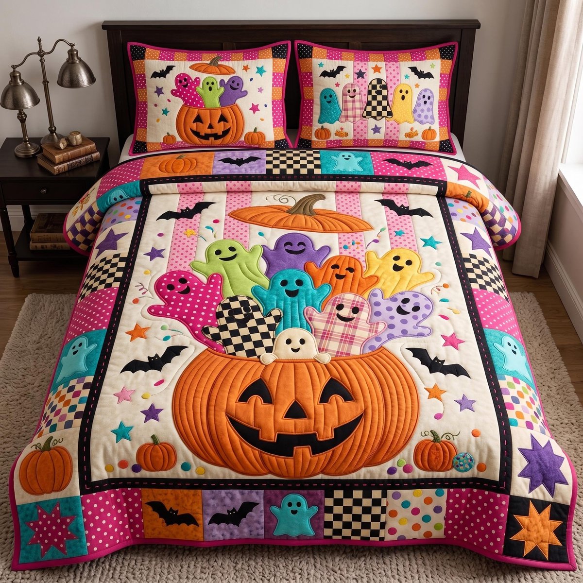 Pumpkin Party 3 Piece Quilted Bedding Set Halloween Gift For Gothic Decor Lovers