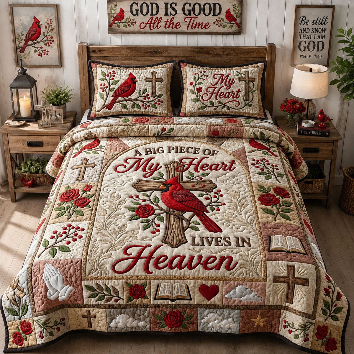Live in Heaven Cardinal 3 Piece Quilted Bedding Set Gift For Bird Lovers