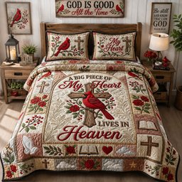 Live in Heaven Cardinal 3 Piece Quilted Bedding Set Gift For Bird Lovers