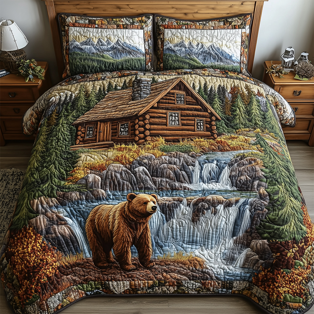 Bear and Cabin 3 Piece Quilted Bedding Set Gift For Bear Lovers