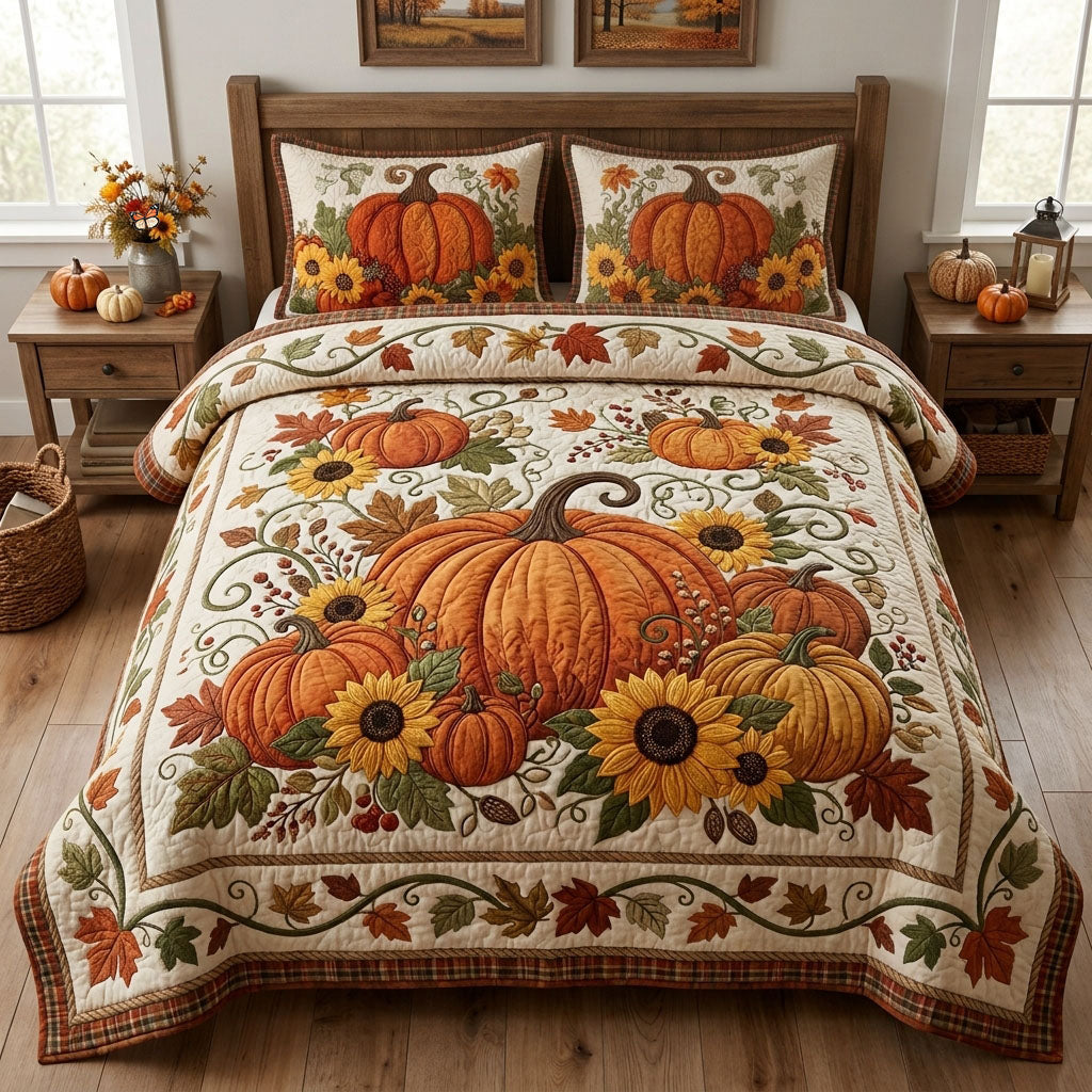 Autumn Pumpkin 3 Piece Quilted Bedding Set Gift For Cat Lovers
