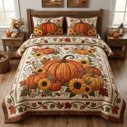 Autumn Pumpkin 3 Piece Quilted Bedding Set Gift For Cat Lovers