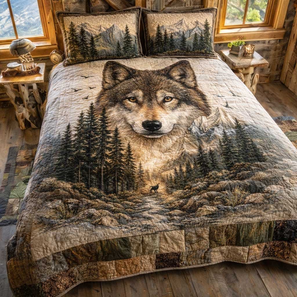Forest Wolf 3 Piece Quilted Bedding Set Gift For Wolf Lovers