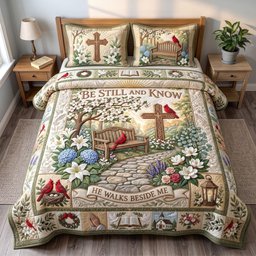 Be Still Cross Cardinal 3 Piece Quilted Bedding Set Gift For Christians