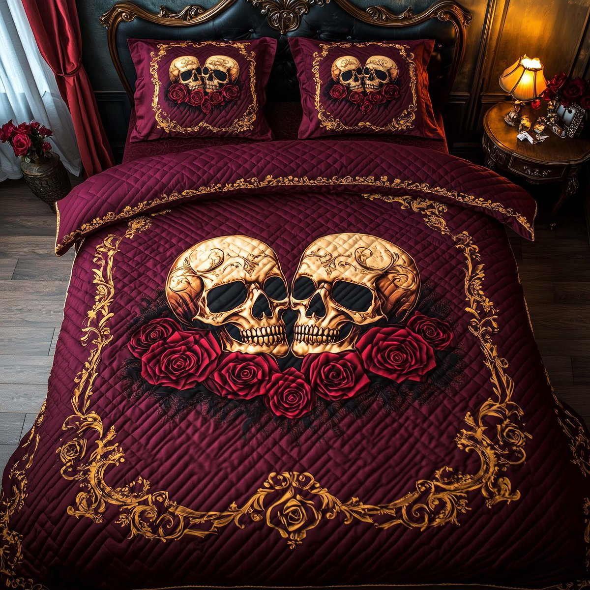 Romantic Gothic Skulls 3 Piece Quilted Bedding Set Gift For Gothic Decor Lovers