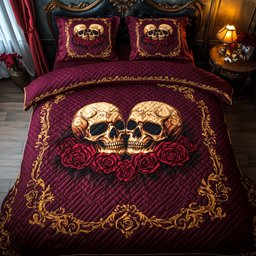 Romantic Gothic Skulls 3 Piece Quilted Bedding Set Gift For Gothic Decor Lovers