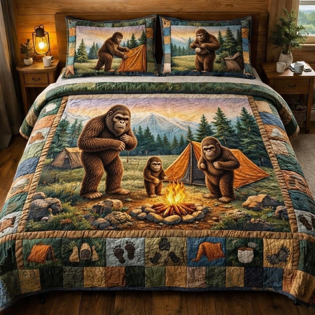 Squatch Camp 3 Piece Quilted Bedding Set Gift For Nature Lovers