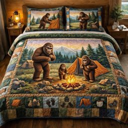 Squatch Camp 3 Piece Quilted Bedding Set Gift For Nature Lovers