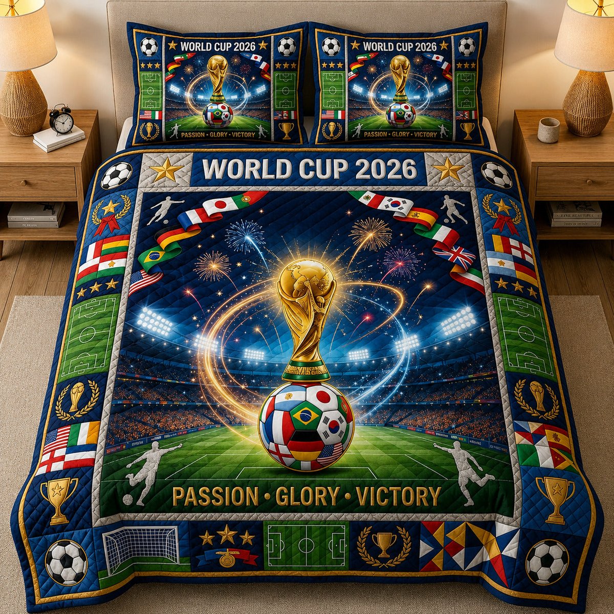World Cup 3 Piece Quilted Bedding Set Gift For Sports Fans