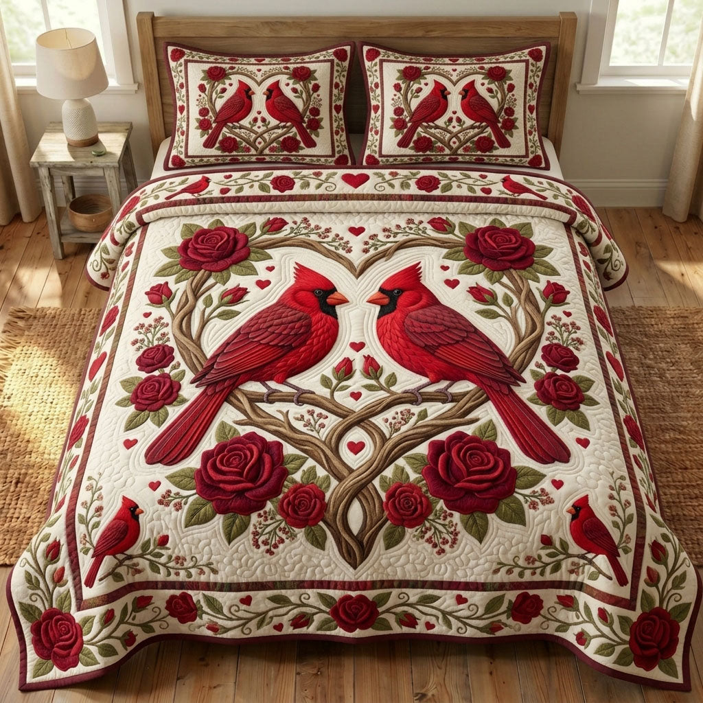 Red Cardinal 3 Piece Quilted Bedding Set Gift For Bird Lovers