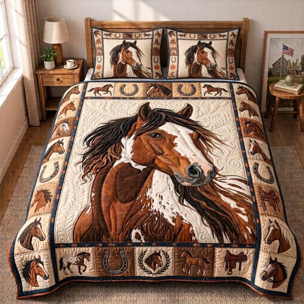 Western Spirit Horse 3 Piece Quilted Bedding Set Gift For Western Lovers