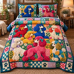Colorful Poodle Patchwork Dog 3 Piece Quilted Bedding Set Gift For Dog Lovers