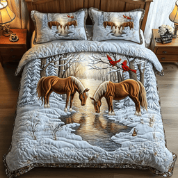 Horse Couple Winter 3 Piece Quilted Bedding Set Christmas Gift For Horse Lovers