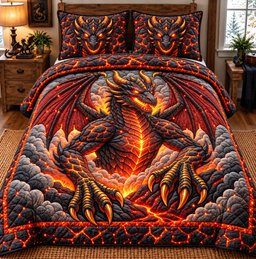 Lava Dragon 3 Piece Quilted Bedding Set Gift For Fantasy Lovers