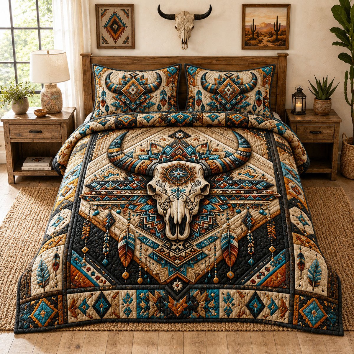Southwestern Longhorn Skull Turquoise 3 Piece Quilted Bedding Set Gift For Western Lovers
