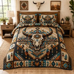 Southwestern Longhorn Skull Turquoise 3 Piece Quilted Bedding Set Gift For Western Lovers