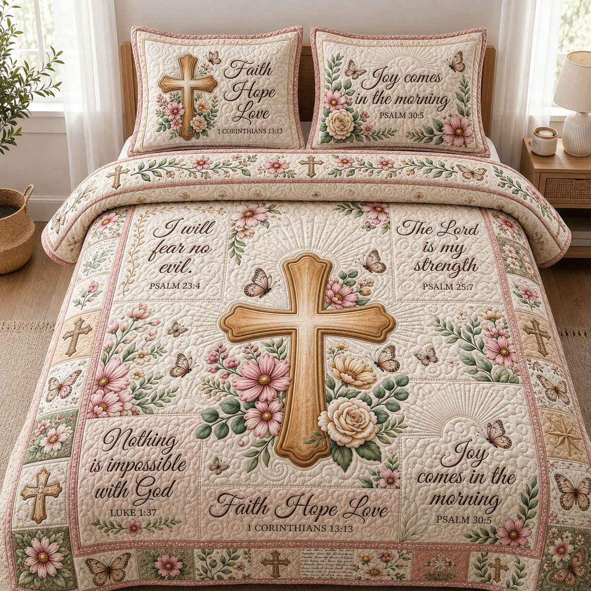 Christian Faith 3 Piece Quilted Bedding Set Gift For Christians
