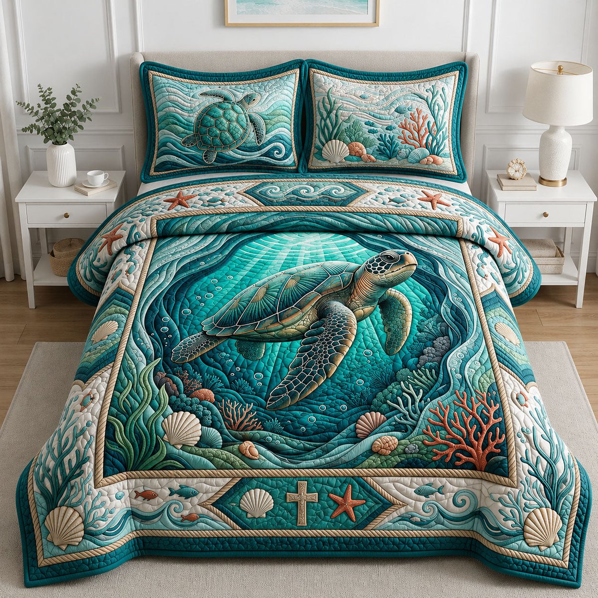 Sea Turtle Beach 3 Piece Quilted Bedding Set Gift For Turtle Lovers