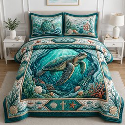 Sea Turtle Beach 3 Piece Quilted Bedding Set Gift For Turtle Lovers