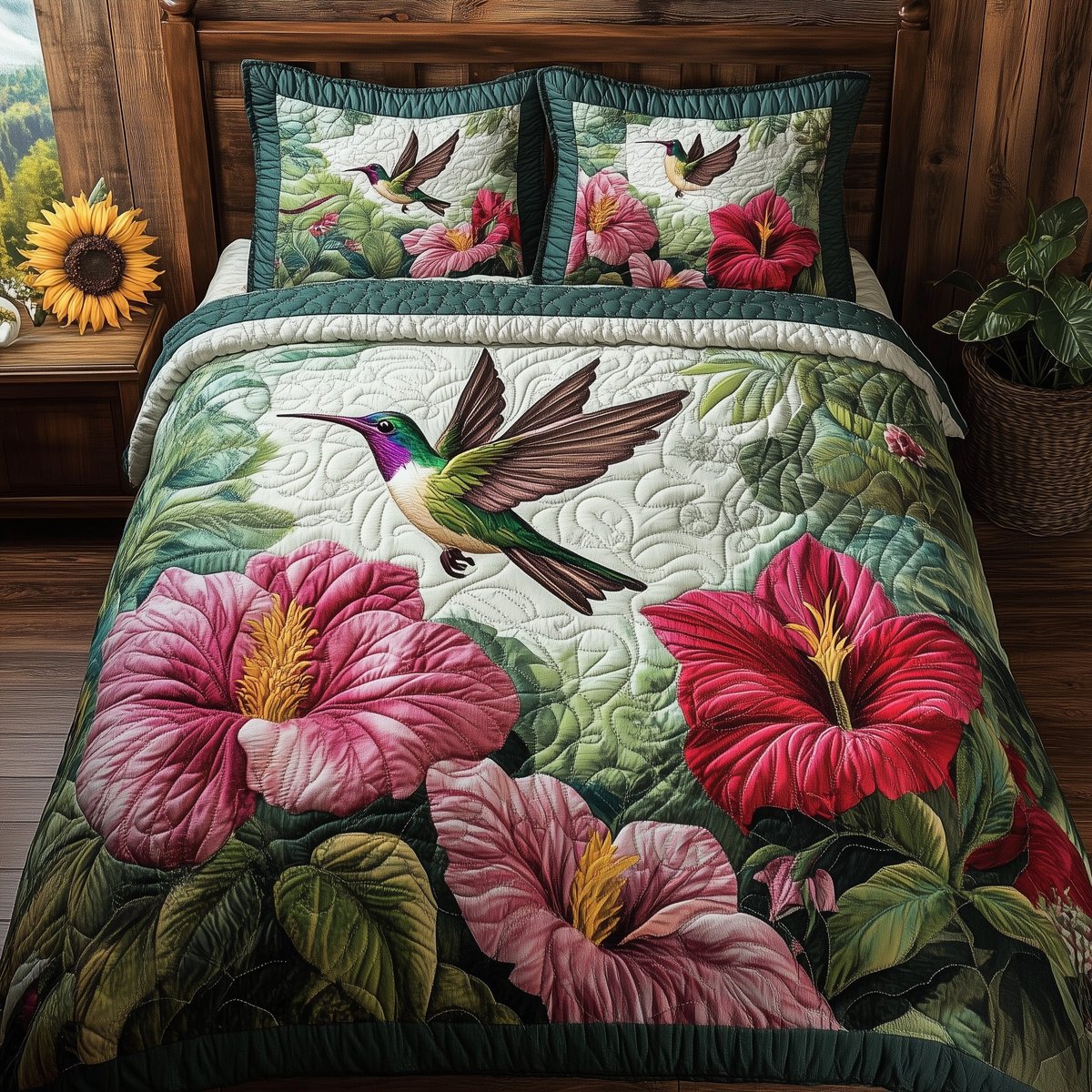 Hummingbird Blossom Realm 3 Piece Quilted Bedding Set Gift For Bird Lovers