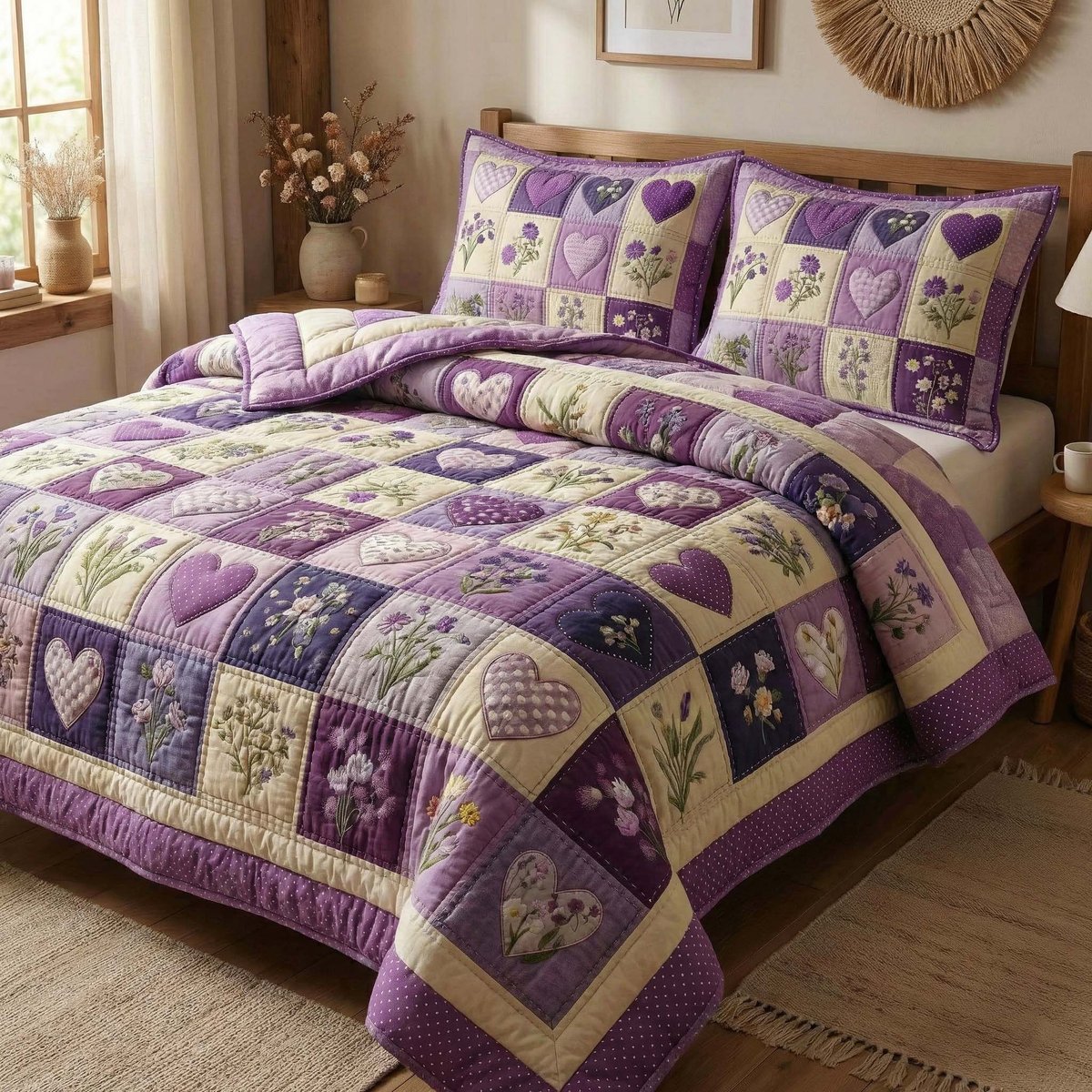 Blossom Grace 3 Piece Quilted Bedding Set Gift For Flower Lovers