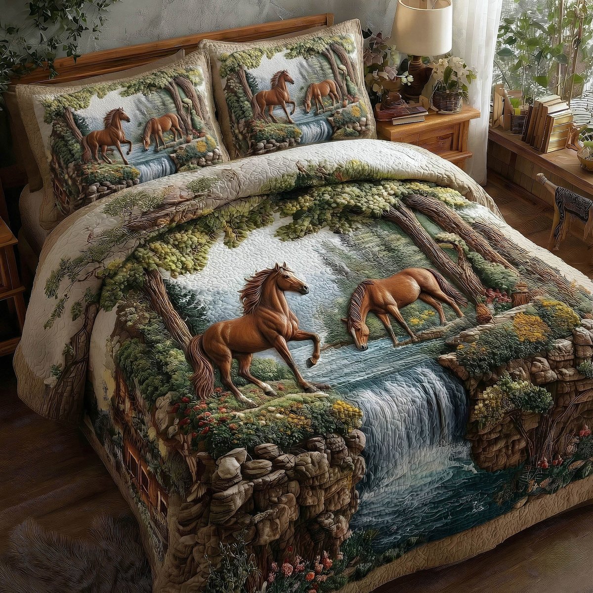 Horse Couple 3 Piece Quilted Bedding Set Gift For Horse Lovers