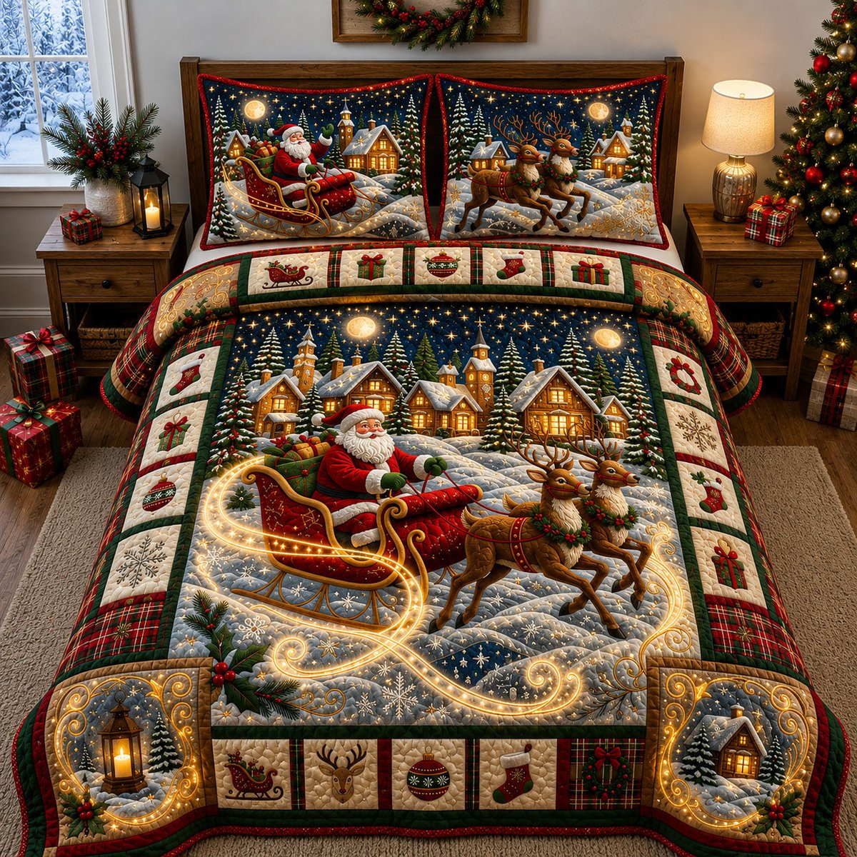 Illuminated 3 Piece Quilted Bedding Set Christmas Gift For Holiday Decor Lovers