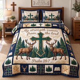 Sacred Stag Faith Christian 3 Piece Quilted Bedding Set Gift For Christians