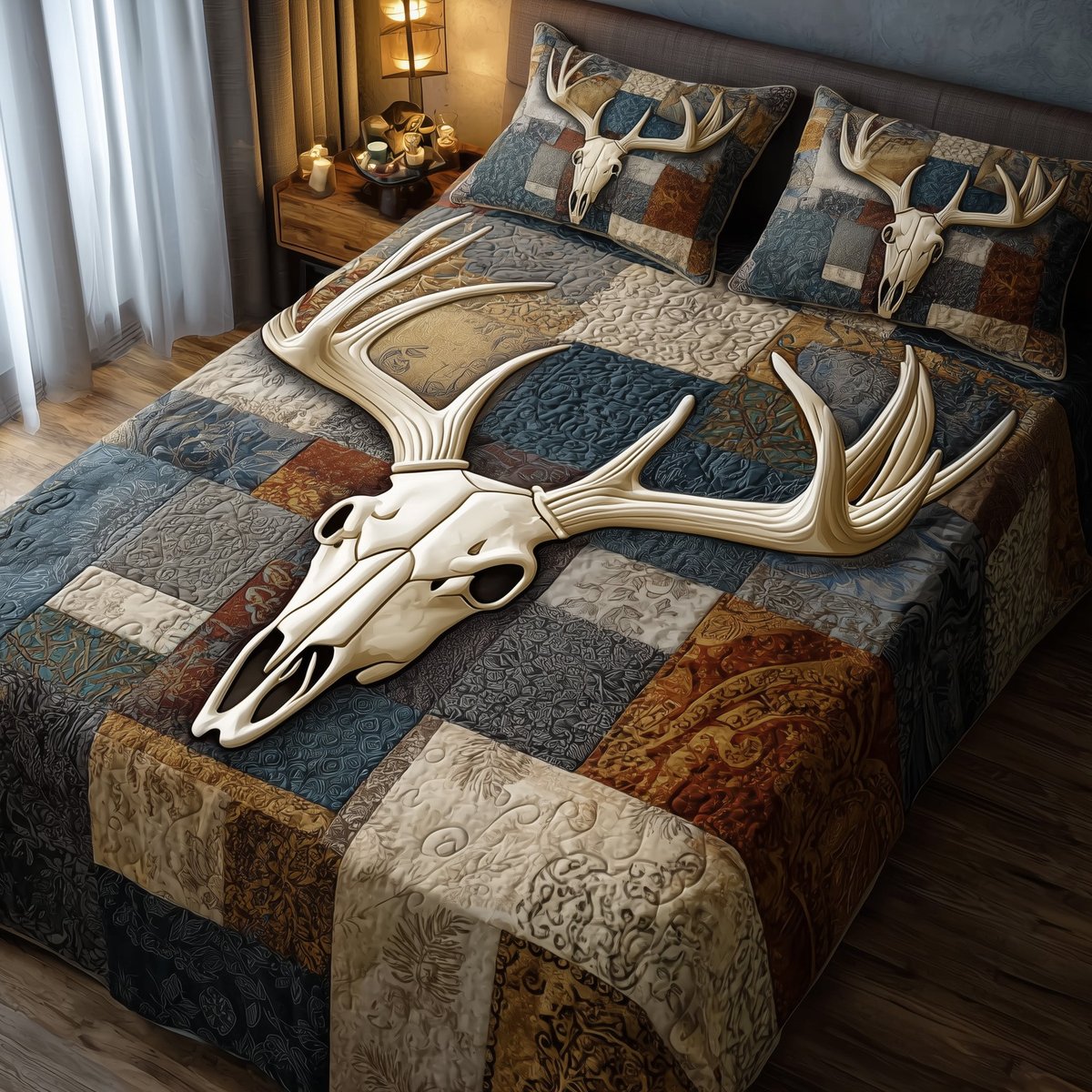 Rustic Antler Deer 3 Piece Quilted Bedding Set Gift For Hunters