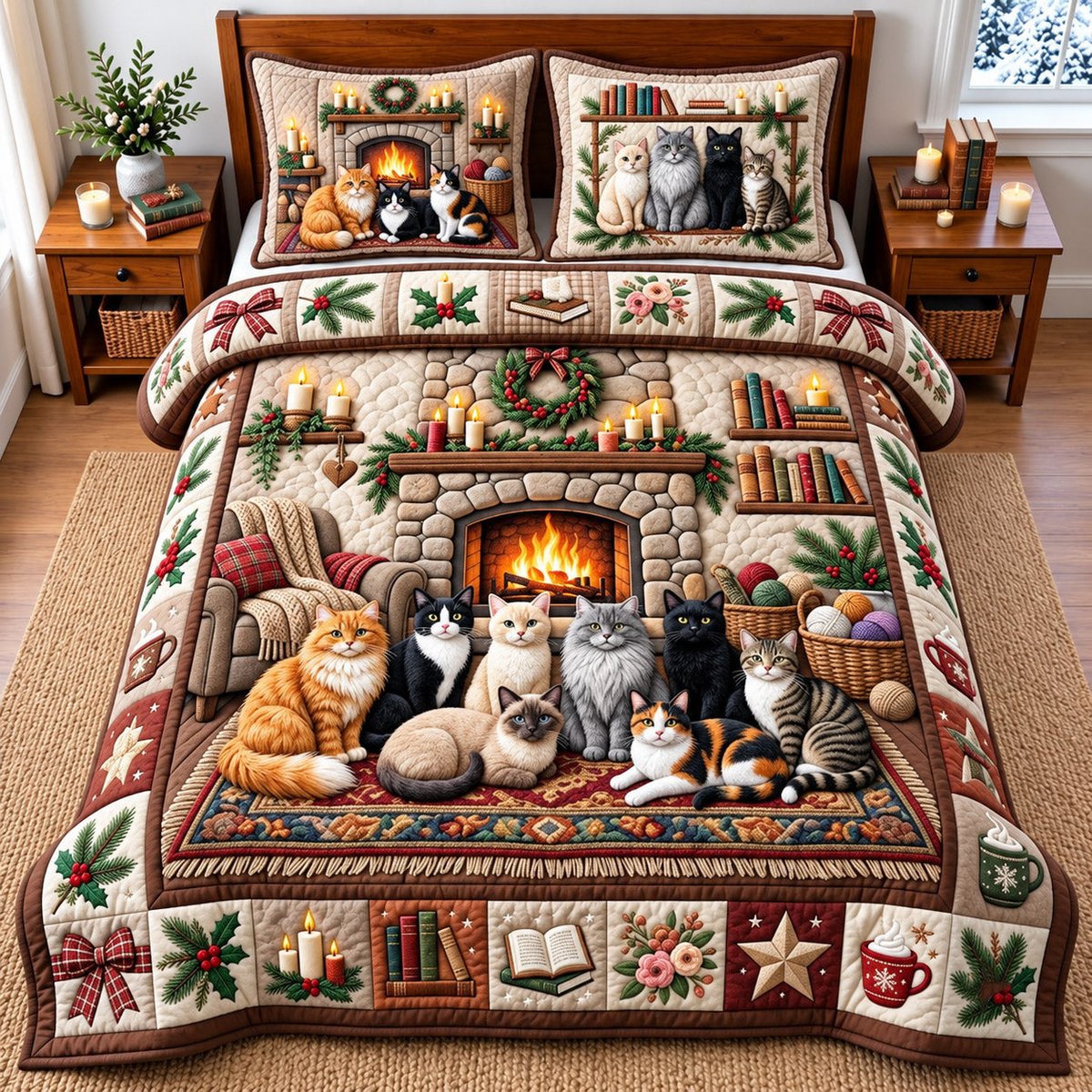 Fireplace Cat 3 Piece Quilted Bedding Set Gift For Cat Lovers